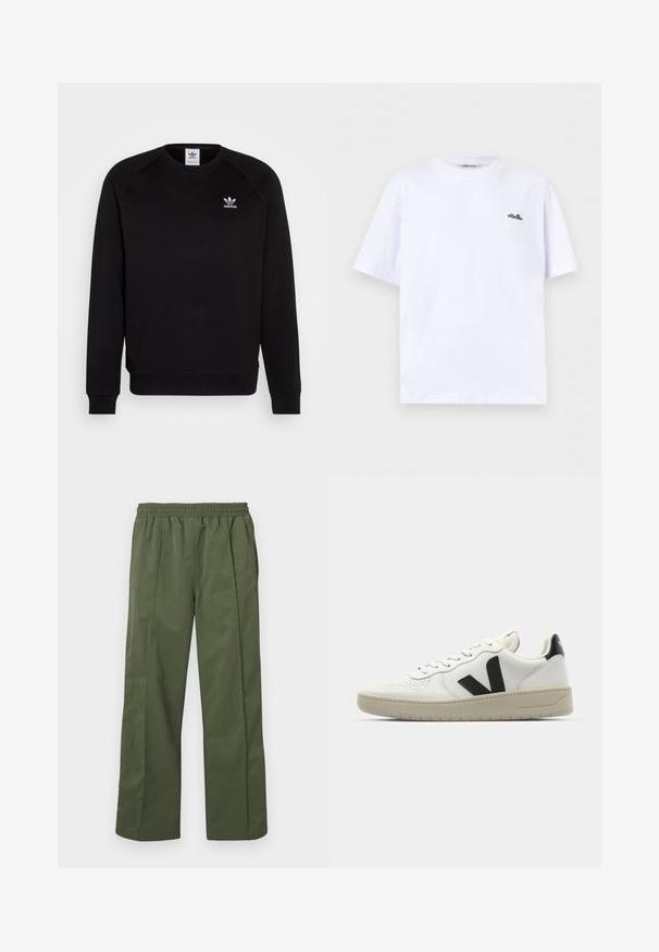 Schwarzer Sweatshirt mit Raglanärmeln, Rundhalsausschnitt und gerippten Bündchen. Verfügt über ein kleines, weißes Adidas-Logo auf der Brust. Weicher Stoff.; Weißes T-Shirt mit kurzen Ärmeln und Rundhalsausschnitt, mit kleinem schwarzem ellesse-Logo auf der linken Brust vor eintönigem Hintergrund.; Grüne, leichte, weit geschnittene Hose mit elastischem Bund und Seitentaschen. Glatte Textur mit lockerem Sitz, entworfen für Komfort.; Weiße Leder-Sneaker mit schwarzem V-Logo, durchlöcherter Zehenpartie, cremiger Gummisohle, flachen Schnürsenkeln und minimalistischem Design.