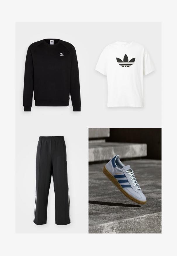 Zwarte sweatshirt met raglanmouwen, ronde hals en geribbelde manchetten. Bevat een klein wit Adidas-logo op de borst. Zachte stoftextuur.; Witte katoenen t-shirt met een groot zwart Adidas trefoil-logo en drie horizontale strepen eronder. Korte mouwen, ronde hals.; Zwarte trainingsbroek met een elastische tailleband, voorzien van witte zijstrepen en een relaxte pasvorm. Gemaakt van zachte, rekbare stof.; Lichtblauwe Adidas Spezial sneaker met marineblauwe strepen en rubberen zool, getoond in de lucht boven betonnen trappen in een neutrale buitenomgeving.