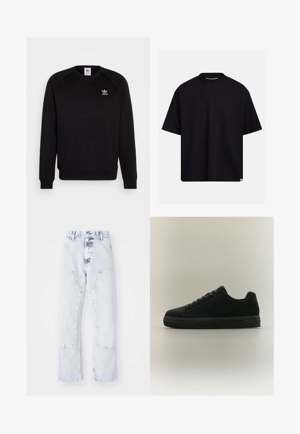 Sweatshirt noir avec des manches raglan, col rond et poignets côtelés. Présente un petit logo Adidas blanc sur la poitrine. Texture de tissu douce.; T-shirt noir surdimensionné à manches courtes et col rond, avec une petite étiquette rectangulaire de couleur blanc cassé en bas de l'ourlet, sur un fond gris clair.; Jeans en denim bleu clair, coupe droite, avec poches plaquées, taille haute et finition délavée. Présente des coutures ton sur ton et une coupe décontractée.; Baskets basses noires avec lacets, semelle en caoutchouc et finition lisse, présentées de profil sur un fond neutre.