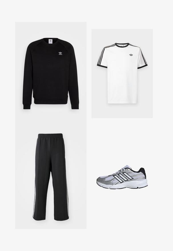Schwarzer Sweatshirt mit Raglanärmeln, Rundhalsausschnitt und gerippten Bündchen. Verfügt über ein kleines, weißes Adidas-Logo auf der Brust. Weicher Stoff.; Weißes Baumwoll-T-Shirt mit schwarzem Rippenkragen und Ärmeln, mit drei schwarzen Streifen auf jeder Schulter und einem kleinen Logo auf der Brust.; Schwarze Jogginghose mit elastischem Bund, ausgestattet mit weißen seitlichen Streifen und einem lässigen Schnitt. Hergestellt aus weichem, dehnbarem Stoff.; Mesh-Sportschuh in Weiß und Silber mit schwarzen Akzenten, drei weißen Streifen als Logo, gepolstertem Kragen und strukturiertem Gummisohle.
