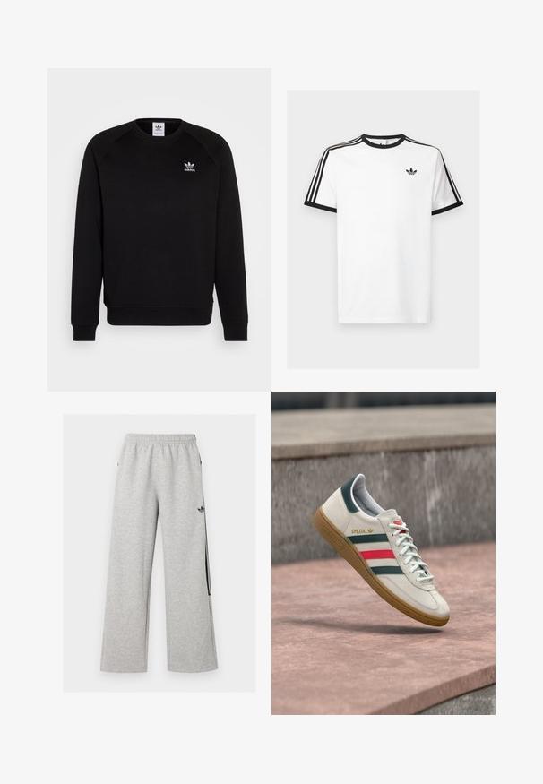 Sort sweatshirt med raglanærmer, rund hals og ribstrikkede manchetter. Har et lille hvidt Adidas-logo på brystet. Blødt tekstil.; Hvid bomulds t-shirt med sort ribkant ved hals og ærmer, med tre sorte striber på hver skulder og et lille logo på brystet.; Lysegrå vidtløftede joggingbukser med elastisk talje og sort Adidas trefoil-logo på højre lår.; Hvid Adidas sneaker med grønne og røde striber, gummisål og "SPEZIAL" branding, der svæver over stensat belægning.