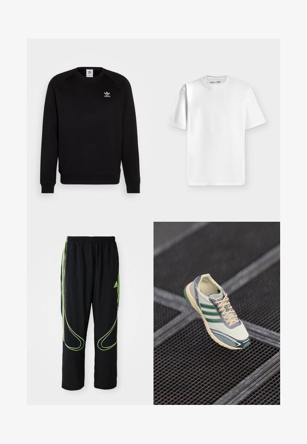 Musthave mustriga de vestit mustigal mustiga kupliitega mustiga releglindsiga, millel on ümmargune kaelus ja soonikkoes varrukad. Rinna peal on väike valge Adidas'i logo. Pehme kanga tekstuur.; Lihtne valge lühikeste varrukatega T-särk ümar kaelusega, tasapinnal helehallil taustal, kaeluse sees väike brändisilt.; Mustad mustad Adidas spordipüksid, millel on neoonrohelised kumerad jooned ja kolm triipu külgedel, elastne vöökoht ja Adidas logo ees reie peal.; Valge ja roheline võrgusilma tennisekeng, mille beežid paelad hõljuvad tumeda metallvõrgu põranda kohal.