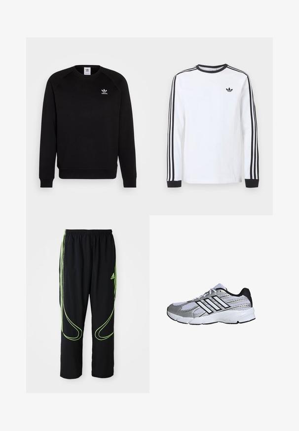 Schwarzer Sweatshirt mit Raglanärmeln, Rundhalsausschnitt und gerippten Bündchen. Verfügt über ein kleines, weißes Adidas-Logo auf der Brust. Weicher Stoff.; Weißes Adidas-Langarmshirt mit schwarzem Rundhalsausschnitt, schwarzen Bündchen, drei schwarzen Streifen an den Ärmeln und schwarzem Trefoil-Logo auf der Brust.; Schwarze Adidas Sportpants mit neongrünen, gebogenen Linien und drei Streifen an den Seiten, elastischem Bund und Adidas-Logo am Vorderoberschenkel.; Mesh-Sportschuh in Weiß und Silber mit schwarzen Akzenten, drei weißen Streifen als Logo, gepolstertem Kragen und strukturiertem Gummisohle.