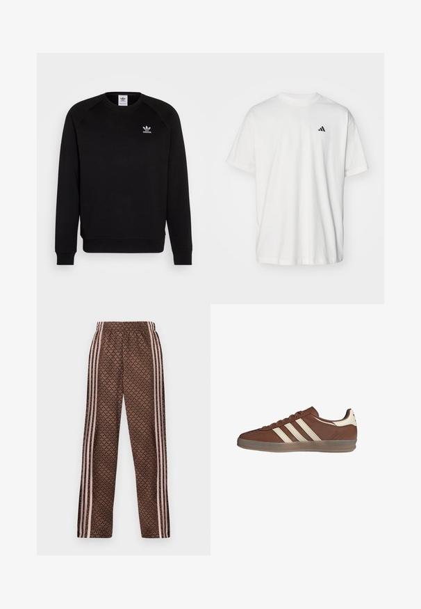 Zwarte sweatshirt met raglanmouwen, ronde hals en geribbelde manchetten. Bevat een klein wit Adidas-logo op de borst. Zachte stoftextuur.; Witte katoenen t-shirt met korte mouwen, ronde hals en een klein zwart Adidas-logo op de linkerzijde van de borst. Zachte textuur, casual pasvorm.; Bruine trainingsbroek met lichtroze verticale strepen aan de zijkanten en een herhalend bladpatroon over de hele broek, elastische tailleband, recht gesneden pijpen.; Lage bruine leren sneaker met witte strepen en hielstuk, doorschijnende zool en vetersluiting op een witte achtergrond.