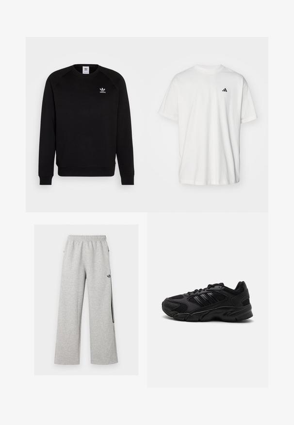 Zwarte sweatshirt met raglanmouwen, ronde hals en geribbelde manchetten. Bevat een klein wit Adidas-logo op de borst. Zachte stoftextuur.; Witte katoenen t-shirt met korte mouwen, ronde hals en een klein zwart Adidas-logo op de linkerzijde van de borst. Zachte textuur, casual pasvorm.; Lichtgrijze wijde joggingbroek met elastische tailleband en zwart Adidas trefoil-logo op de rechterdij.; Zwarte sportieve schoenen met een combinatie van ademend mesh en synthetische materialen. Kenmerkende gestructureerde zool en drie zwarte strepen aan de zijkant.