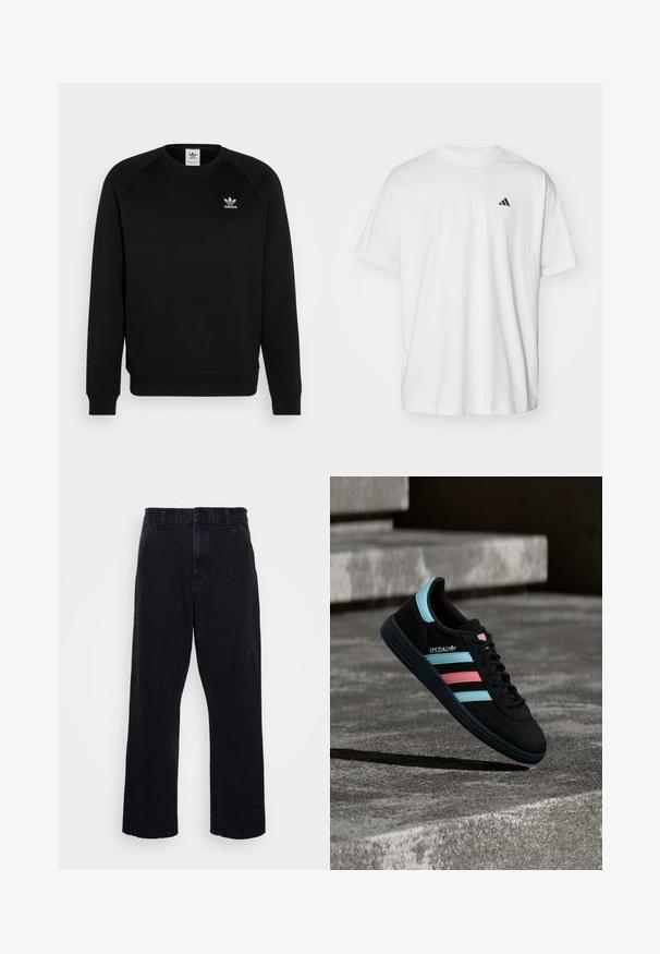Sort sweatshirt med raglanærmer, rund hals og ribstrikkede manchetter. Har et lille hvidt Adidas-logo på brystet. Blødt tekstil.; Hvid bomulds t-shirt med korte ærmer, rund hals og et lille sort Adidas-logo på venstre bryst. Blød tekstur, afslappet pasform.; Sorte denimbukser med lige ben, der har en knap- og lynlåslukning, bæltestropper og minimale syninger.; Sort Adidas Spezial sneaker med blå og pink striber, svævende over en tekstureret grå betonoverflade med skygge nedenunder.