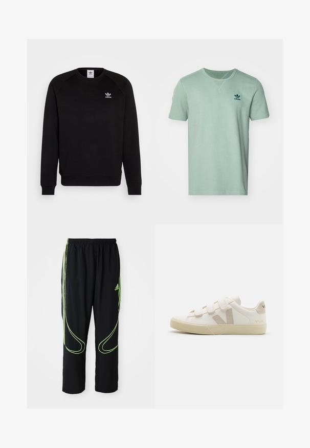 Sort sweatshirt med raglanærmer, rund hals og ribstrikkede manchetter. Har et lille hvidt Adidas-logo på brystet. Blødt tekstil.; Kortærmet mintgrøn t-shirt med et tekstureret mønster, rund hals og mørkegrøn adidas-logo på venstre bryst.; Sorte Adidas sportbukser med neongrønne buede linjer og tre striber på siderne, elastisk livrem og Adidas-logo på forsiden af låret.; Hvide lædersneakers med Velcro-remme, beige accenter, rund tå, tekstureret gummisål og prægede logo. Minimalistisk design.