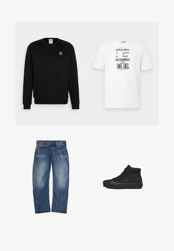 Schwarzer Sweatshirt mit Raglanärmeln, Rundhalsausschnitt und gerippten Bündchen. Verfügt über ein kleines, weißes Adidas-Logo auf der Brust. Weicher Stoff.; Weißes Diesel T-Shirt mit kurzen Ärmeln, schwarzem und weißem grafischem Text und Logo auf der Vorderseite, rundem Ausschnitt und rotem Logoschild an der Seitennaht.; Blaue Denim-Jeans mit verblasstem Finish, vorderem Knopf und Reißverschluss, Gürtelschlaufen und Fünf-Taschen-Design, flach auf weißem Hintergrund liegend.; Schwarze High-Top-Sneaker aus Stoff mit strukturierter Oberfläche, schwarzen Schnürsenkeln, Gummisohle und minimalistischen Markenelementen.