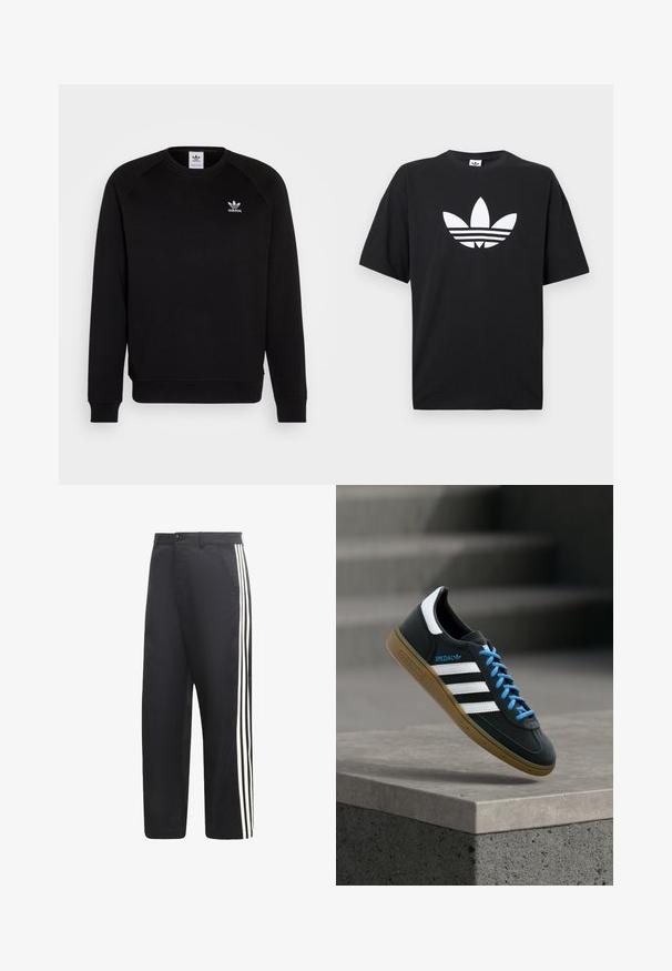 Zwarte sweatshirt met raglanmouwen, ronde hals en geribbelde manchetten. Bevat een klein wit Adidas-logo op de borst. Zachte stoftextuur.; Zwarte katoenen T-shirt met korte mouwen, voorzien van een groot wit Adidas-logo en drie horizontale strepen aan de onderkant. Klassiek ontwerp met ronde hals.; Zwarte broek met rechte pijpen en drie witte verticale strepen langs de buitenkant van elk been.; Zwarte Adidas-sneaker met witte strepen, blauwe veters en een gumzool die boven een grijze betonnen trede zweeft in zacht licht.