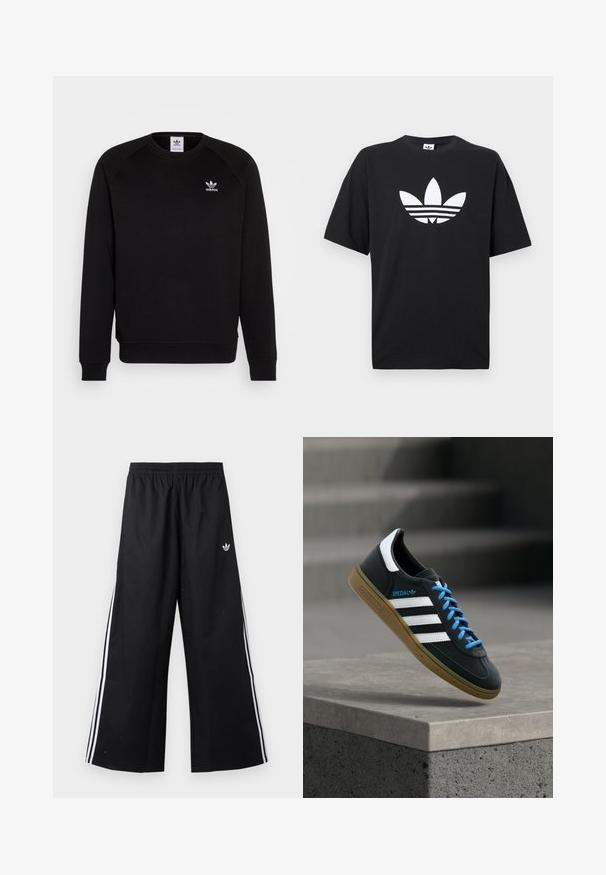 Schwarzer Sweatshirt mit Raglanärmeln, Rundhalsausschnitt und gerippten Bündchen. Verfügt über ein kleines, weißes Adidas-Logo auf der Brust. Weicher Stoff.; Schwarzes Baumwoll-T-Shirt mit kurzen Ärmeln, das ein großes weißes Adidas-Logo und drei horizontale Streifen am Saum zeigt. Klassisches Rundhalsdesign.; Schwarze weite Trainingshose mit elastischem Bund, weißen Seitenstreifen und kleinem Adidas-Trefoil-Logo an der rechten Hüfte.; Schwarzer Adidas-Sneaker mit weißen Streifen, blauen Schnürsenkeln und Gummisohle, der über einer grauen Betontreppe im weichen Licht schwebt.