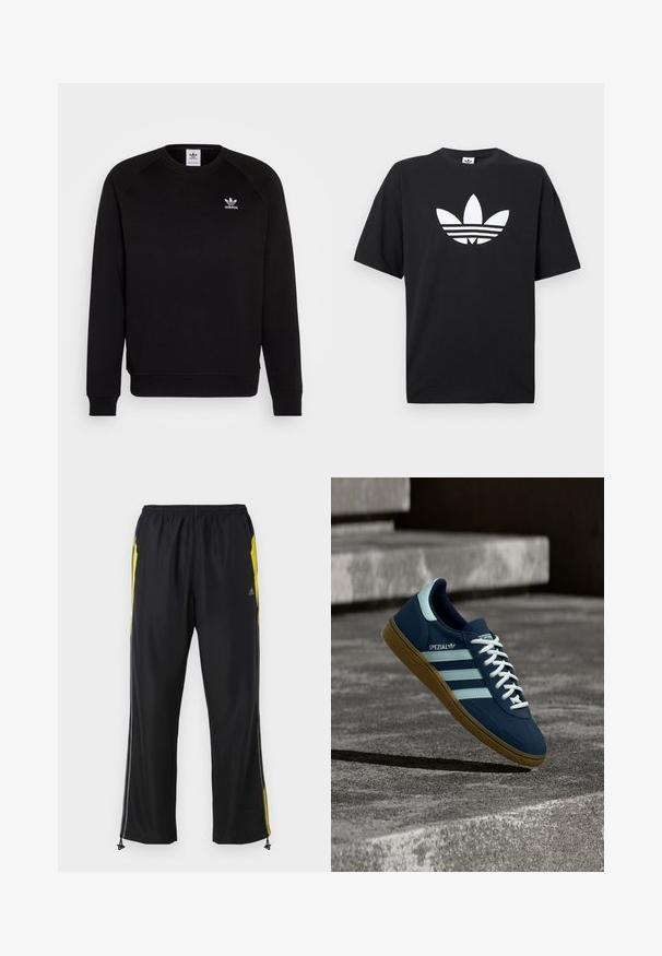 Zwarte sweatshirt met raglanmouwen, ronde hals en geribbelde manchetten. Bevat een klein wit Adidas-logo op de borst. Zachte stoftextuur.; Zwarte katoenen T-shirt met korte mouwen, voorzien van een groot wit Adidas-logo en drie horizontale strepen aan de onderkant. Klassiek ontwerp met ronde hals.; Zwarte sportbroek met gele zijkanten, elastische tailleband en met rits te sluiten zijzakken. Gemaakt van lichtgewicht, gladde stof.; Blauwe Adidas Spezial sneaker met witte strepen en veters, gumzool, zwevend boven een ruwe betonnen oppervlakte en trappen op de achtergrond.