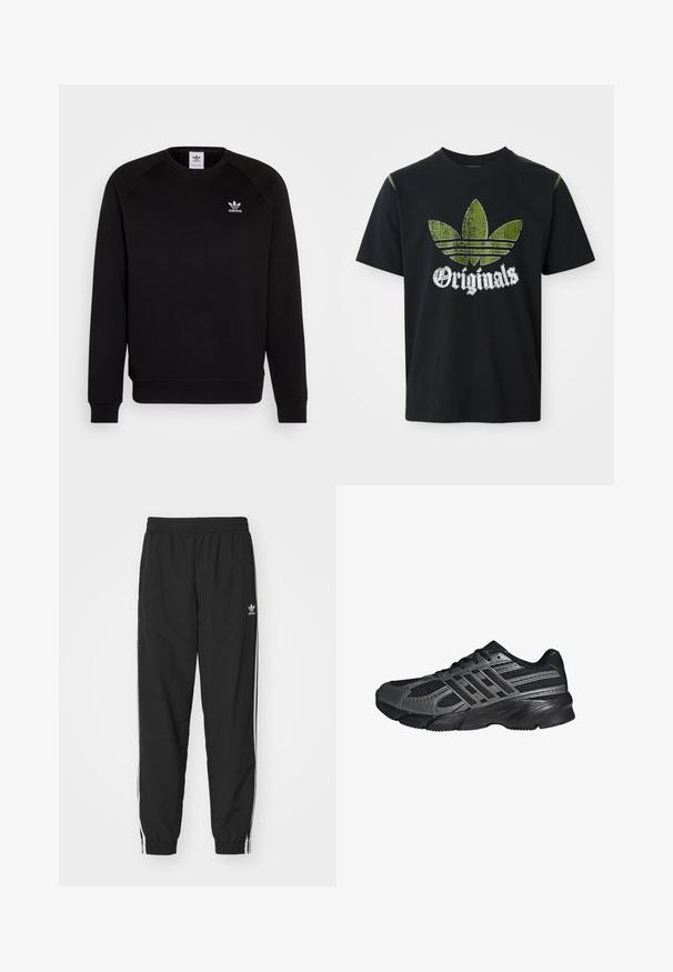 Zwarte sweatshirt met raglanmouwen, ronde hals en geribbelde manchetten. Bevat een klein wit Adidas-logo op de borst. Zachte stoftextuur.; Zwarte katoenen t-shirt met een versleten groene grafiek met drie strepen en het woord "Originals" hieronder in het wit, ronde halslijn, korte mouwen.; Zwarte trainingsbroek met een elastische tailleband en boorden, voorzien van witte zijstrepen en een klein wit Adidas-logo op de linkse heup.; Zwarte sportschoenen gemaakt van mesh en synthetische materialen, met een getextureerd oppervlak, meerdere grijze strepen en een gevoerde kraag.