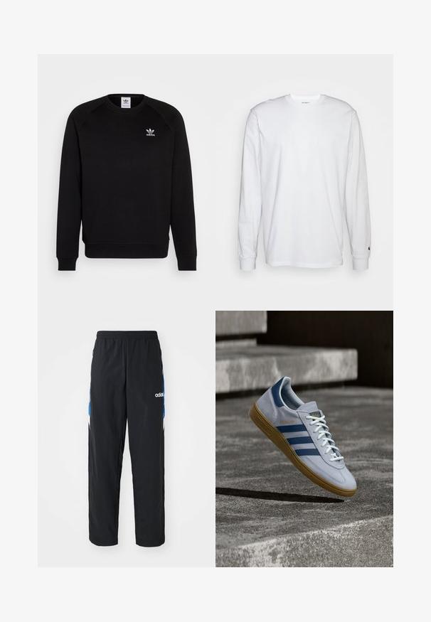Schwarzer Sweatshirt mit Raglanärmeln, Rundhalsausschnitt und gerippten Bündchen. Verfügt über ein kleines, weißes Adidas-Logo auf der Brust. Weicher Stoff.; Weißes Langarm-T-Shirt aus Baumwolle. Rundhals-Design mit gerippten Bündchen und kleinem Logo auf dem linken Ärmel. Glatte Textur.; Schwarze Sporthose mit elastischem Bund, ausgestattet mit blauen und weißen grafischen Akzenten an den Seiten und einem gestickten Logo.; Hellblauer Adidas Spezial Sneaker mit dunkelblauen Streifen und Gummisohle, in der Luft über Betontreppen in neutralem Außenbereich gezeigt.