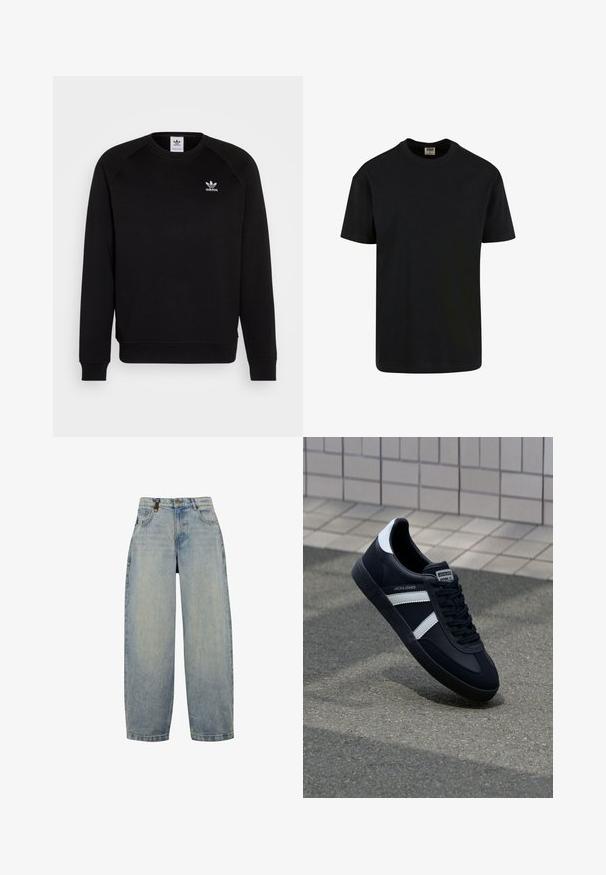 Musthave mustriga de vestit mustigal mustiga kupliitega mustiga releglindsiga, millel on ümmargune kaelus ja soonikkoes varrukad. Rinna peal on väike valge Adidas'i logo. Pehme kanga tekstuur.; Urban Classics SHORTSLEEVE - Lihtne T-särk - black; Heledad sinine teksad, mis on lõdva lõikega, kõrge vöökohaga, laiad sääred, klassikaline viie tasku disain ning metallist detailid.; Must have musta sneaker musta valgete triipudega, tekstuurne kummitald ja nööridega esiosa. Omab bränditud märki keele peal.