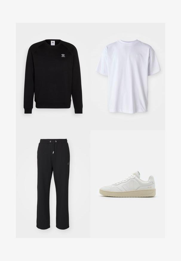 Zwarte sweatshirt met raglanmouwen, ronde hals en geribbelde manchetten. Bevat een klein wit Adidas-logo op de borst. Zachte stoftextuur.; Witte katoenen t-shirt met een ronde hals en korte mouwen. Heeft een subtiele logo geborduurd in bijpassende kleur op de linkerborst.; Ellesse MACCHIE - Trainingsbroek - black; Witte leren sneakers met een gestructureerde afwerking en een gevoerde kraag. Voorzien van een beige rubberen zool en subtiele branding op de hiel en zijkant.