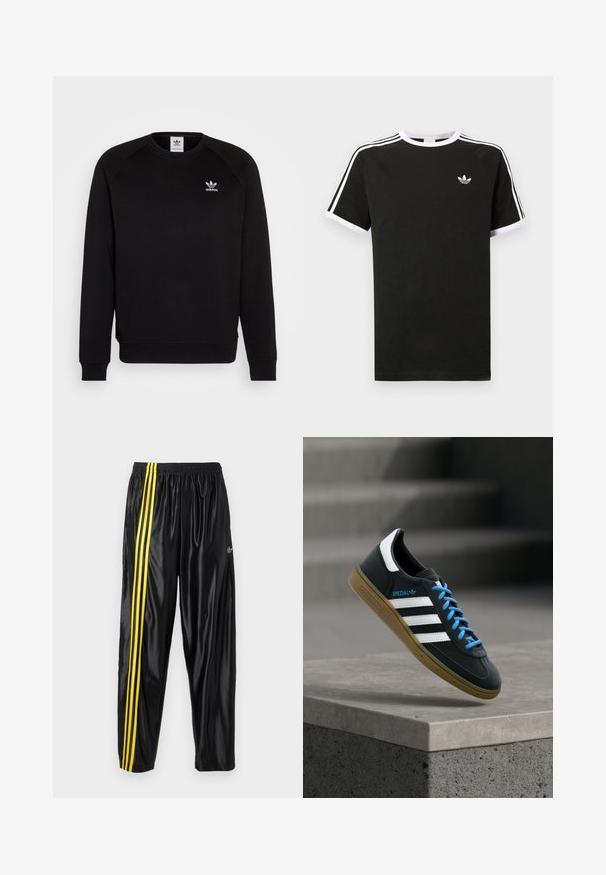 Schwarzer Sweatshirt mit Raglanärmeln, Rundhalsausschnitt und gerippten Bündchen. Verfügt über ein kleines, weißes Adidas-Logo auf der Brust. Weicher Stoff.; Schwarzes T-Shirt aus Baumwolle mit weißen Akzenten. Hat kurze Ärmel, ein Raglan-Design und ein kleines Logo auf der Brust. Drei weiße Streifen auf den Schultern.; Schwarze Sporthosen aus glänzendem Material mit elastischem Bund, versehen mit zwei gelben Streifen an den Seiten und einem kleinen Logo.; Schwarzer Adidas-Sneaker mit weißen Streifen, blauen Schnürsenkeln und Gummisohle, der über einer grauen Betontreppe im weichen Licht schwebt.