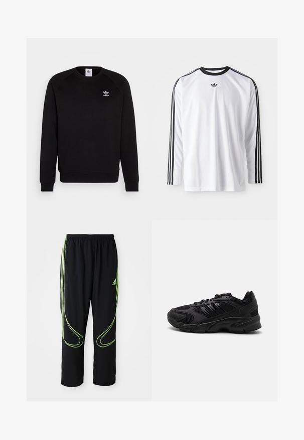 Schwarzer Sweatshirt mit Raglanärmeln, Rundhalsausschnitt und gerippten Bündchen. Verfügt über ein kleines, weißes Adidas-Logo auf der Brust. Weicher Stoff.; Weißes Langarmshirt aus weichem Stoff mit schwarzen Akzenten, das drei schwarze Streifen an den Ärmeln und ein kleines schwarzes Logo aufweist.; Schwarze Adidas Sportpants mit neongrünen, gebogenen Linien und drei Streifen an den Seiten, elastischem Bund und Adidas-Logo am Vorderoberschenkel.; Schwarze Sportschuhe mit einer Kombination aus atmungsaktivem Mesh und synthetischen Materialien. Auffällige strukturierte Sohle und drei schwarze Streifen an der Seite.