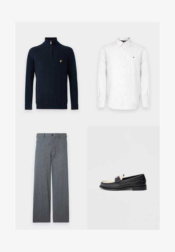 Marineblå pullover med halv lynlås ved kraven, lavet af glat stof; har et lille gult broderet logo på brystet.; Hvid skjorte med lange ærmer, knapper foran, knappet krave og lille broderet logo på venstre bryst.; Grå bukser med lige ben, bæltestropper, knaplukning og diskret tekstureret stof, vist mod en hvid baggrund.; Sort lædersko med beige detaljer, dekorative syninger, firkantet tå, diskrete metaldele og flad sål; glat tekstur.