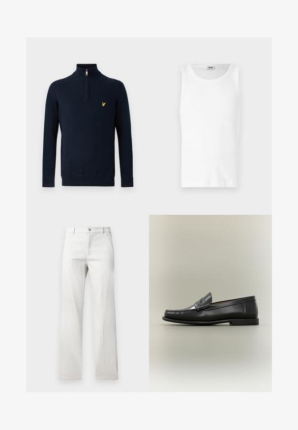 Pull-over bleu marine avec col zippé à moitié, en tissu lisse ; présente un petit logo brodé jaune sur la poitrine.; Débardeur en coton blanc sans manches avec un col rond et une texture lisse. Design simple, sans motifs ni accents.; Pantalon gris clair avec une coupe droite, fabriqué dans un tissu lisse, doté d'une fermeture à bouton à l'avant et de poches latérales.; Mocassin pour homme en cuir noir avec un design moc-toe, une lanière à monnaie et un talon bas sur un fond neutre.