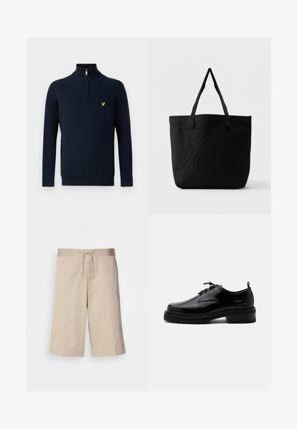 Marineblå pullover med halv lynlås ved kraven, lavet af glat stof; har et lille gult broderet logo på brystet.; Beige bomuldsshorts med elastisk talje, snorelukning og lige pasform. Uden lommer og med en glat, let tekstur.; Sort poleret læder snørestøvle med tyk gummisål og lav hæl, sideskilt med mærketekst "SAMSOE" og bageste træksnor.; Sort canvas-tote-taske med to skulderstropper og et diskret præget cirkeldesign på fronten.