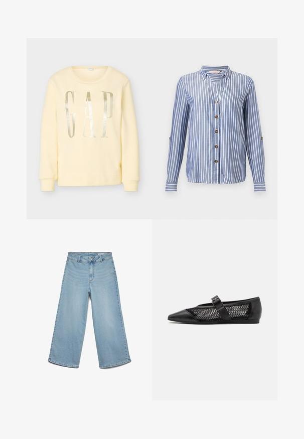 Sweat-shirt jaune pâle à manches longues avec un col rond et de grandes lettres argentées réfléchissantes formant le mot « GAP » sur le devant.; Chemise à manches longues rayée verticalement bleu et blanc avec col en V, col et boutons marron sur le devant et sur les pattes de manche.; Pantalon large en denim bleu clair avec passants pour ceinture, bouton devant et fermeture éclair, sans poches visibles.; Chaussure plate noire avec un bout pointu, panneaux latéraux en maille et une sangle avec une boucle décorative. Fini lisse sur les sections du bout et du talon.