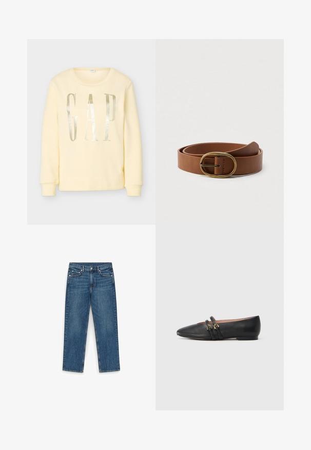 Sweat-shirt jaune pâle à manches longues avec un col rond et de grandes lettres argentées réfléchissantes formant le mot « GAP » sur le devant.; Jean droit en denim bleu avec bouton et fermeture éclair à l'avant, cinq poches, et surpiqûres contrastantes sur fond blanc.; Chaussures plates en cuir noir avec un bout pointu, dotées de deux brides noires avec des accents en métal doré. Texture lisse et talon bas.; Ceinture en cuir marron enroulée avec une boucle ovale en laiton, présentée sur un fond blanc uni.