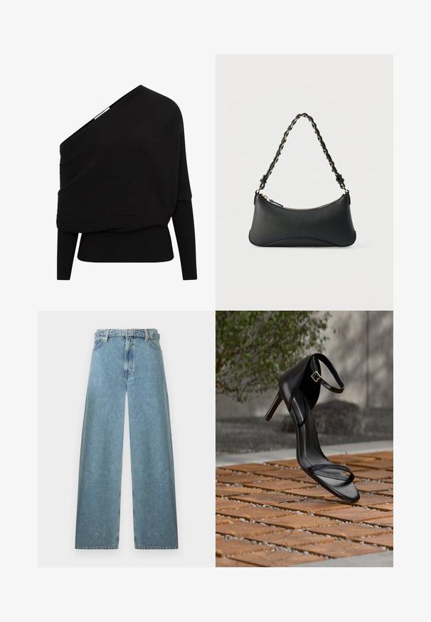 Pull en maille côtelée noire avec une encolure décalée sur une épaule, manches longues et taille ajustée.; Jean en denim bleu clair à jambes larges avec une taille haute, passants pour ceinture, fermeture avant par bouton et zip sur fond blanc.; Sandale noire à talon haut avec sangle à la cheville, suspendue au-dessus d'un sol en carreaux de bois à l'extérieur, avec un arrière-plan flou de verdure et de pierre.; Sac à bandoulière en cuir noir de forme rectangulaire incurvée, avec une chaîne dorée tissée dans la bandoulière noire tressée et une fermeture éclair sur le dessus.