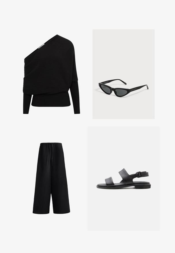 Pull en maille côtelée noire avec une encolure décalée sur une épaule, manches longues et taille ajustée.; Pantalon large noir ample et raccourci avec taille élastique et cordon de serrage à l'avant, confectionné dans un tissu léger.; Sandale plate noire avec deux larges brides sur le pied et une bride de cheville réglable à boucle sur un fond clair.; Lunettes de soleil noires forme œil de chat avec verres foncés et branches fines, marquées "MAGDA BUTRYM" sur le côté.