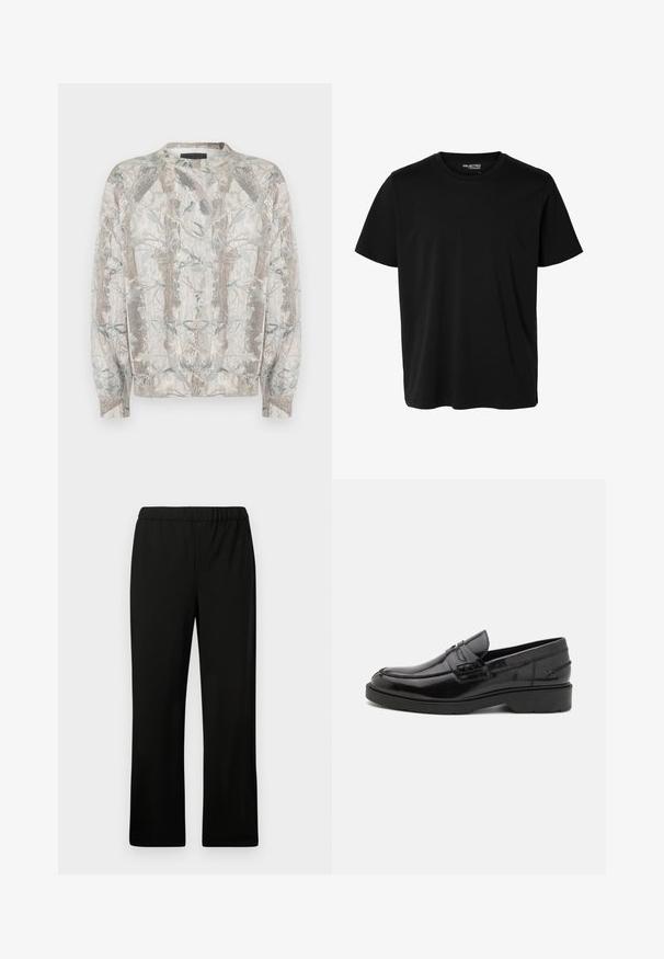 Pull à col rond, avec une base gris clair et un imprimé naturel représentant des arbres et des feuilles aux tons verts et bruns sobres.; T-shirt noir uni à manches courtes et col rond pour homme, sans motifs ni logos visibles à l’avant.; Pantalon noir à taille élastique avec une coupe droite. Réalisé en tissu lisse, sans motifs ni embellissements visibles.; Mocassins en cuir noir avec une finition lisse, un bout rond, un petit talon et descoutures décoratives à l'avant. Semelle en caoutchouc pour l'adhérence.