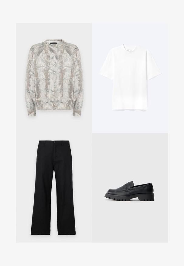 Pull à col rond, avec une base gris clair et un imprimé naturel représentant des arbres et des feuilles aux tons verts et bruns sobres.; T-shirt blanc uni à manches courtes et col rond avec une coupe décontractée, présenté sur un fond clair.; Pantalon noir à jambe droite en coton, doté d'une fermeture à bouton et de passants de ceinture. Texture lisse sans motifs ni accents visibles.; Mocassins en cuir noir avec un bout arrondi, présentant une sangle décorative et une semelle en caoutchouc épaisse avec de profonds crampons pour une meilleure adhérence.