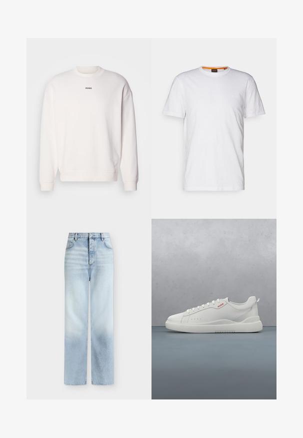 Sweatshirt blanc à col rond en mélange de coton doux, présentant une coupe décontractée, des poignets côtelés, et le logo "HUGO" en noir sur la poitrine.; T-shirt en coton blanc avec un col rond, des manches courtes et un logo en relief subtil sur la poitrine. L'étiquette intérieure a une touche d'orange.; Jeans bleu clair taille haute à jambes droites, avec poches avant, passants de ceinture et fermeture par bouton.; Sneaker blanche avec une finition en cuir lisse, bout rond, quatre œillets, perforations subtiles et un détail de logo rouge sur le côté.
