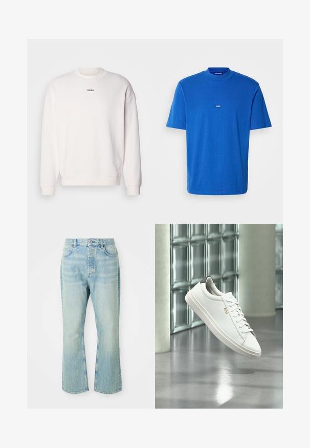 Sweatshirt blanc à col rond en mélange de coton doux, présentant une coupe décontractée, des poignets côtelés, et le logo "HUGO" en noir sur la poitrine.; T-shirt en coton bleu avec des manches courtes, un col rond et un petit écusson logo sur la poitrine. Texture lisse avec une coupe décontractée.; Jeans évasés en denim bleu clair avec une taille haute, dotés de cinq poches, de passants de ceinture et d'une texture délavée.; Baskets basses en cuir blanc avec lacets, languette de talon noire et logo « BOSS », flottant à l'intérieur près d'un mur en blocs de verre et d'un sol poli.