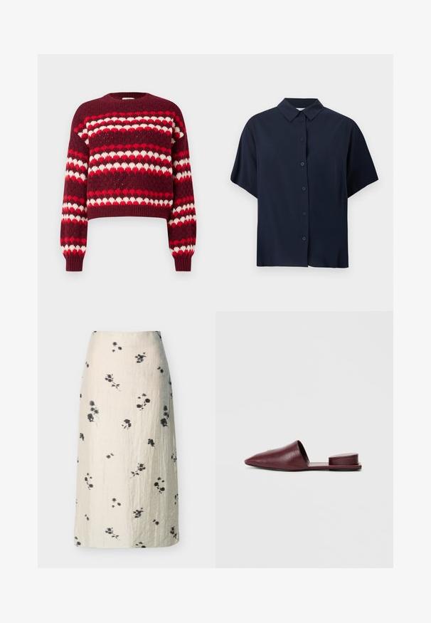 Pull court à motifs rouge et blanc avec un col rond et des poignets côtelés, présentant une texture tricotée et des motifs en forme de cœur.; Chemise bleu marine à manches courtes avec col classique, présentée sur fond blanc.; Jupe midi couleur crème avec imprimé floral noir et tissu subtilement texturé, coupe droite, sans fermetures ou poches visibles.; Mules slip-on en cuir bordeaux avec un bout pointu, un dos ouvert et un accent de talon rembourré. Texture lisse et design minimaliste.
