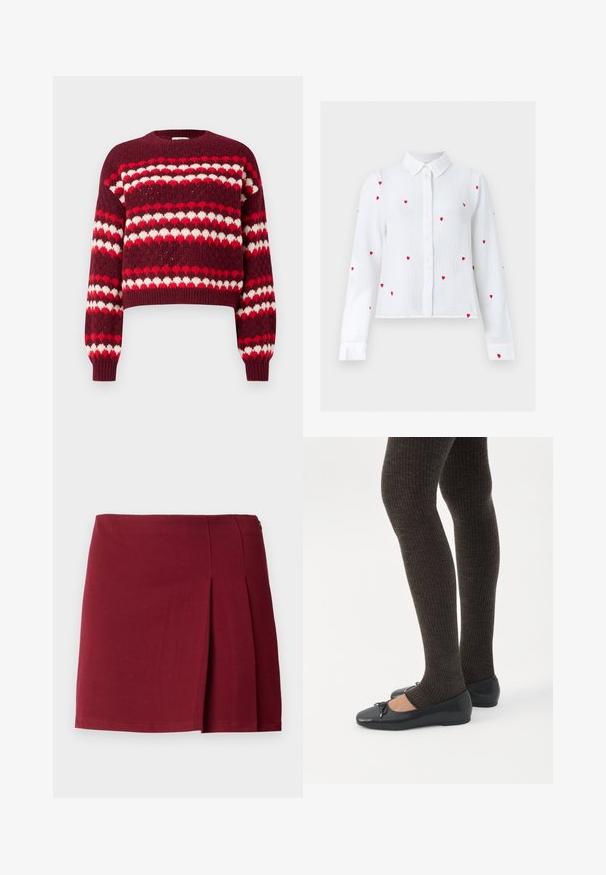 Pull court à motifs rouge et blanc avec un col rond et des poignets côtelés, présentant une texture tricotée et des motifs en forme de cœur.; Blouse blanche à manches longues avec boutons, motifs de cœurs rouges brodés et col pointu, présentée sur un fond neutre.; Jupe mini plissée bordeaux avec une texture lisse, taille ajustée et fermeture à glissière sur le côté. Design simple et minimaliste sans motifs.; Jambes portant des leggings côtelés foncés associés à des ballerines noires avec de petits détails en nœud sur fond blanc.