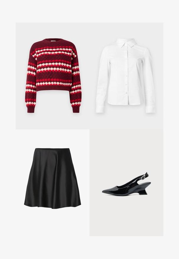 Pull court à motifs rouge et blanc avec un col rond et des poignets côtelés, présentant une texture tricotée et des motifs en forme de cœur.; Chemise blanche à manches longues avec boutons, col pointu, ourlet droit et silhouette ajustée, présentée sur un fond clair uni.; Jupe en satin noir avec une coupe évasée, présentant une texture lisse et une couleur unie. La ceinture est élastique pour un ajustement confortable.; Chaussure slingback en cuir verni noir avec bout pointu et petit talon bloc incliné sur fond clair uni.