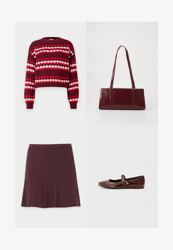 Pull court à motifs rouge et blanc avec un col rond et des poignets côtelés, présentant une texture tricotée et des motifs en forme de cœur.; Jupe bordeaux tricotée avec motif torsadé, taille cintrée et légère évasée, présentée à plat sur un fond clair.; Ballerine en cuir verni marron avec un bout carré et une lanière ornée d'une petite boucle dorée. Texture lisse, talon bas et design minimaliste.; Sac à main bordeaux en matériau brillant, de forme rectangulaire, avec deux anses et des accents légèrement courbés à l'avant.