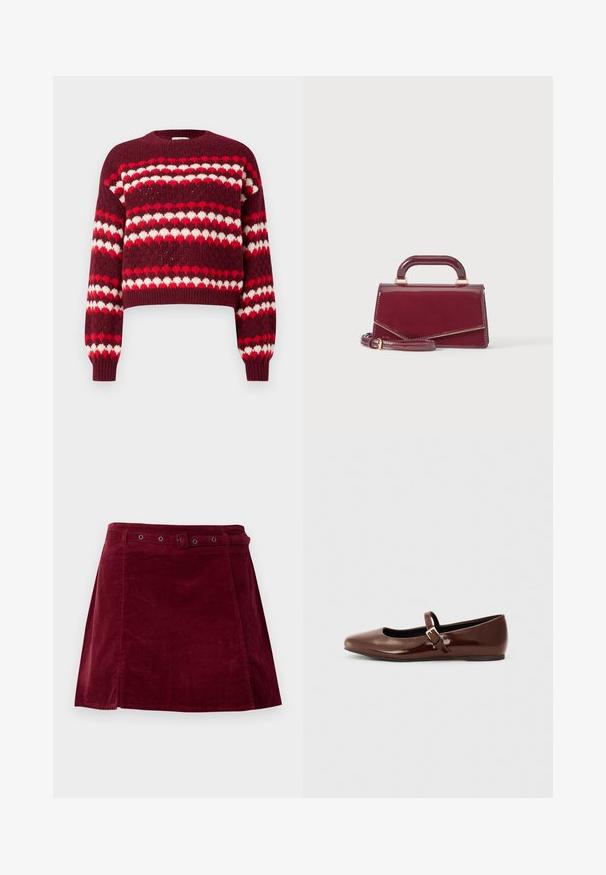 Pull court à motifs rouge et blanc avec un col rond et des poignets côtelés, présentant une texture tricotée et des motifs en forme de cœur.; Jupe en velours côtelé rouge foncé avec une ceinture assortie et des œillets métalliques, présentant une légère forme trapèze et un détail sur le panneau avant.; Ballerine en cuir verni marron avec un bout carré et une lanière ornée d'une petite boucle dorée. Texture lisse, talon bas et design minimaliste.; Petit sac à main bordeaux brillant avec une poignée supérieure et une bandoulière détachable, présenté sur un fond clair uni.