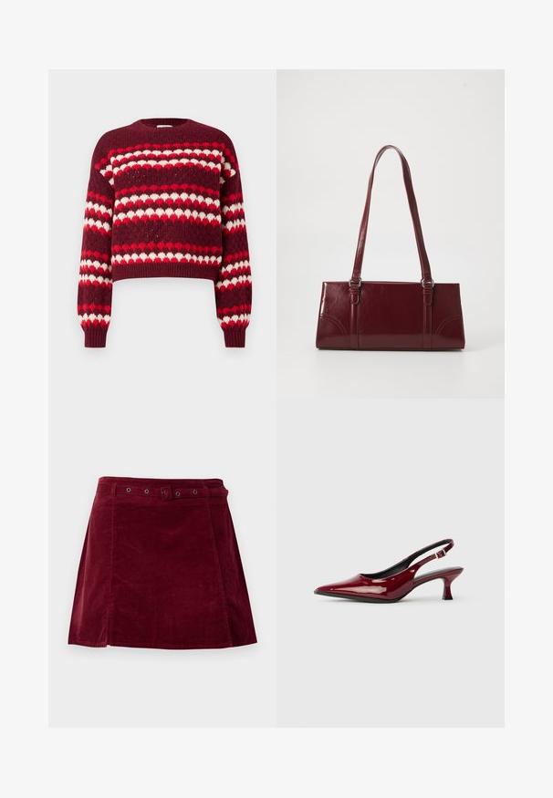 Pull court à motifs rouge et blanc avec un col rond et des poignets côtelés, présentant une texture tricotée et des motifs en forme de cœur.; Jupe en velours côtelé rouge foncé avec une ceinture assortie et des œillets métalliques, présentant une légère forme trapèze et un détail sur le panneau avant.; Escarpins à talons aiguilles en cuir verni bordeaux, avec un bout pointu et un élégant talon stiletto. Design à dos ouvert avec une sangle à la cheville réglable.; Sac à main bordeaux en matériau brillant, de forme rectangulaire, avec deux anses et des accents légèrement courbés à l'avant.