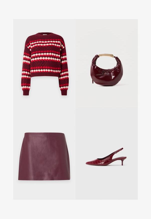Pull court à motifs rouge et blanc avec un col rond et des poignets côtelés, présentant une texture tricotée et des motifs en forme de cœur.; Mini jupe en cuir bordeaux lisse avec une coupe droite et sans embellissements ni fermetures visibles.; Escarpin à talon kitten en cuir bourgogne avec texture crocodile, bout pointu, bride ajustable et talon bas sur fond blanc.; Sac à main en simili cuir bordeaux avec une forme arrondie, des détails froncés et une anse en métal doré. Texture lisse et finition brillante.