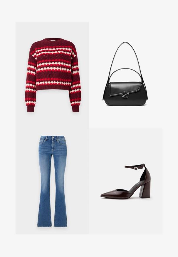 Pull court à motifs rouge et blanc avec un col rond et des poignets côtelés, présentant une texture tricotée et des motifs en forme de cœur.; Jeans taille haute en denim bleu avec poches avant, fermeture à bouton et à glissière, et jambes évasées.; Chaussure à talon haut en cuir marron foncé à bout pointu, avec bride à la cheville et boucle argentée sur fond blanc.; Sac à bandoulière en cuir noir avec un rabat incurvé fermé par un fermoir métallique rond et une sangle fine et ajustable.