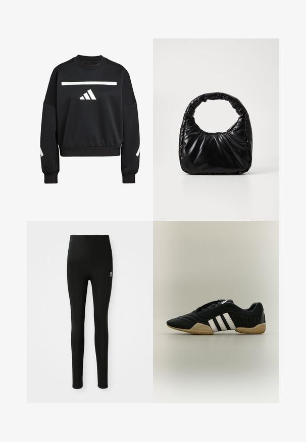 Sweatshirt noir en mélange de coton, avec une bande horizontale blanche et trois rayures blanches sur la manche gauche, col rond.; Leggings noirs en matériau extensible avec une taille haute, présentant un petit logo Adidas blanc sur la jambe gauche. Texture lisse.; Chaussure de sport noire avec des bandes blanches et une semelle beige texturée sur un fond neutre, vue de profil.; Sac à main noir rembourré avec une poignée arrondie, présentant une surface lisse et brillante ainsi qu'une texture douce et matelassée. Pas de quincaillerie ou d'accents visibles.