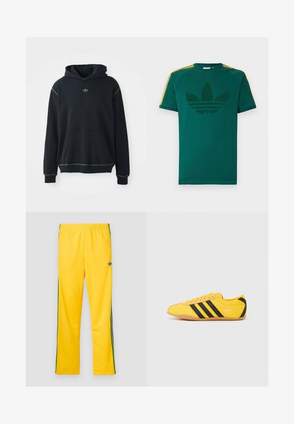 Sort hættejakke med lomme, grønne syninger og lille grønt logo på brystet. Har en hætte med snøringer og lange ærmer.; Grøn T-shirt med korte ærmer med mørkegrønt Adidas trefoil-logo og gule striber på skuldrene mod en hvid baggrund.; Gule sportbukser med elastisk talje, der har grønne striber på siden og en lille blå logo på venstre lår. Glat stoftekstur.; Gul atletiksko med en tekstureret overdel, der har sorte striber og logo. Rundt tå, blød sål og zigzag-mønster på materialet.