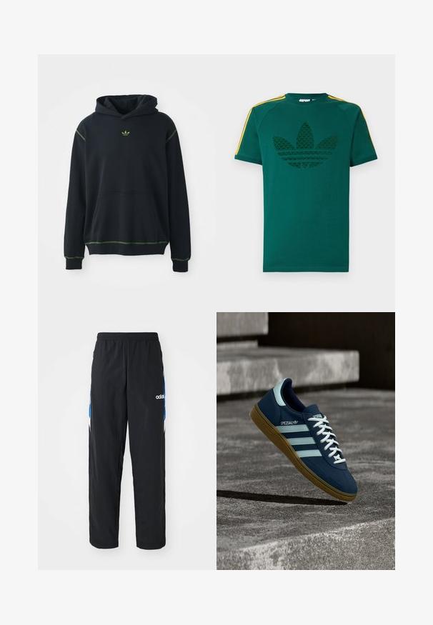Čierna mikina s kapucňou a vreckom, s zelenými ozdobnými švami a malým zeleným logom na hrudi. Obsahuje šnúrku na stiahnutie a dlhé rukávy.; Zelené tričko s krátkym rukávom s tmavozeleným logom trefoil značky Adidas a žltými pruhmi na ramenách na bielom pozadí.; Čierne športové nohavice s elastickým pásom, s modro-bielymi grafickými akcentmi po stranách a vyšitým logom.; Modré tenisky Adidas Spezial s bielymi pruhmi a šnúrkami, gumovou podrážkou, plávajúce nad drsným betónovým povrchom a schodmi v pozadí.
