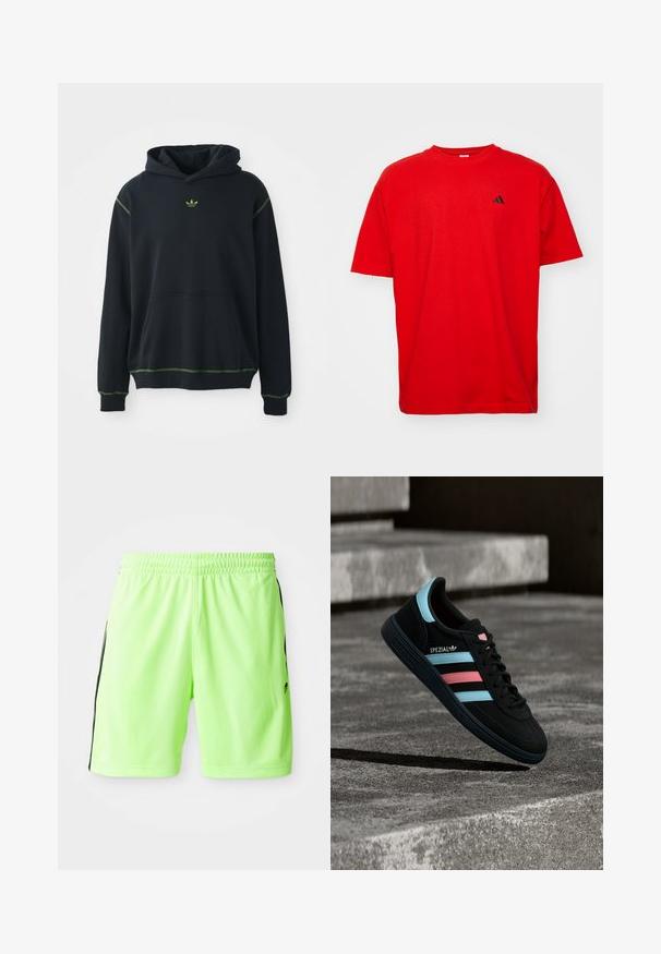 Schwarzer Hoodie mit einer Tasche, grünen Nähakzenten und kleinem grünem Logo auf der Brust. Hat eine Kapuze mit Kordelzug und lange Ärmel.; Rotes Baumwoll-T-Shirt mit kurzen Ärmeln und rundem Halsausschnitt. Mit kleinem schwarzem Logo auf der linken Brust und geradem Saum.; Neon-grüne Sportshorts mit einem elastischen Bund, versehen mit schwarzen Seitenstreifen und leichtem, atmungsaktivem Material.; Schwarzer Adidas Spezial Sneaker mit blauen und pinken Streifen, der über einer strukturierten grauen Betonoberfläche mit Schatten darunter schwebt.