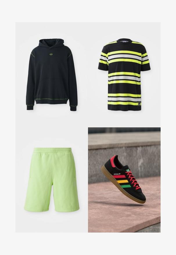 Sort hættejakke med lomme, grønne syninger og lille grønt logo på brystet. Har en hætte med snøringer og lange ærmer.; Sort T-shirt med vandrette striber i neongul, hvid og sort. Har en rund halsudskæring og et Adidas-logo nederst til venstre.; Limegrønne shorts lavet af blødt stof, med elastisk talje, sidelommer og et lille hvidt logo nederst til højre.; Sort Adidas Spezial-sneaker med røde, gule og grønne striber, røde snørebånd, gummisål og rødt hældetalje, vist svævende over fortovet.