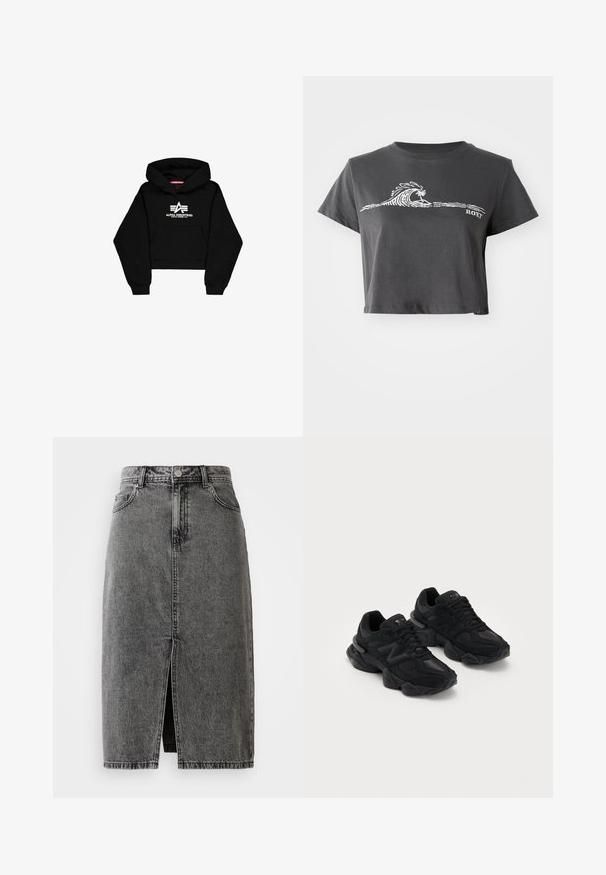 Schwarzer, verkürzter Hoodie aus weichem Stoff. Verfügt über eine Fronttasche, gerippte Bündchen und einen weißen Logo-Druck mit Streifen auf der Brust.; Dunkelgraues, kurzes T-Shirt mit stilisierter Welle, Palmen-Grafik und dem Text "ROXY" auf der Vorderseite.; Hochgeschnittene, ausgebleichte schwarze Denim-Midirock mit vorderem Schlitz, Gürtelschlaufen und klassischem Fünf-Taschen-Design.; Schwarze Sportschuhe mit strukturiertem Obermaterial, das auffällige "N"-Logo, dämpfende Sohle und eine elegante, moderne Silhouette aufweist.