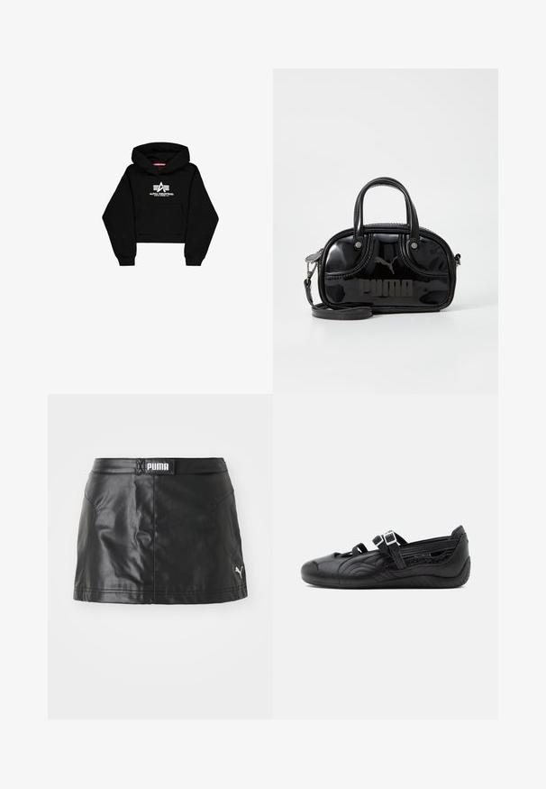 Sort cropped hoodie lavet af blødt materiale. Har en frontlomme, ribbede ærmer og et hvidt logo print med striber på brystet.; Sorte faux læder nederdel med en glat tekstur, der har et PUMA-logo på taljen og et lille logo på kanten.; Sort flad Mary Jane sko med tekstureret mønster, to justerbare spænderem, og lavprofilsål på ensfarvet baggrund.; Sort lakeret håndtaske med dobbelte top-håndtag, aftagelig skulderrem, rund form og et fremtrædende præget "PUMA"-logo.