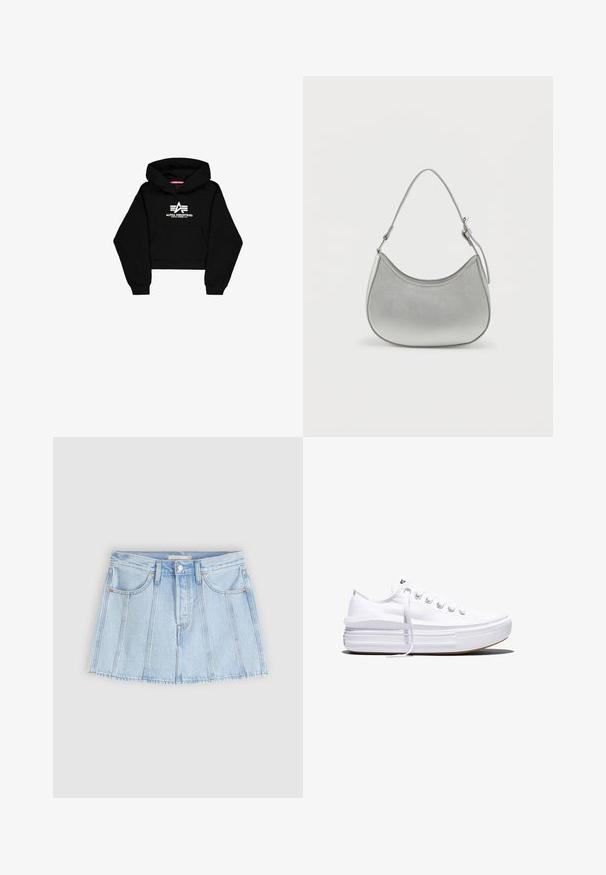Sort cropped hoodie lavet af blødt materiale. Har en frontlomme, ribbede ærmer og et hvidt logo print med striber på brystet.; Lyseblå denim mininederdel med frontknap og lynlås, bæltestropper, to forlommer samt lodrette sømdetaljer.; Hvid lavt snørestøvle med tyk plateau-sål, snørelukning foran og gummiforstærket tåkap, set i sideprofil.; Sølv faux læder håndtaske med en buet form, kort justerbar strop og glat overflade, præget af minimal syning.