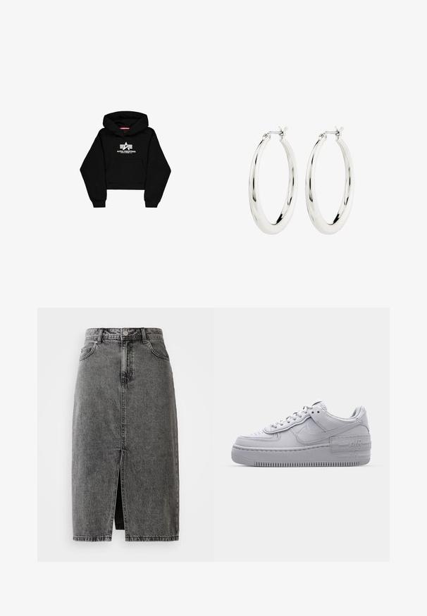 Zwarte cropped hoodie van zacht materiaal. Voorzien van een voorzak, geribbelde manchetten en een witte logoprint met strepen op de borst.; Hoge taille, vervaagde zwarte denim midi-jurk met een split aan de voorkant, riemlussen en een klassieke vijf-pocket ontwerp.; Grijze Nike Air Force 1 sneaker met geperforeerde neus, glad leren bovenwerk, dikke zool en verhoogde 'AIR' details op de hiel.; Zilveren oorbellen in de vorm van een gladde, glanzende ring. Circulaire vorm, voorzien van een veilige sluiting. Eenvoudig en elegant ontwerp.