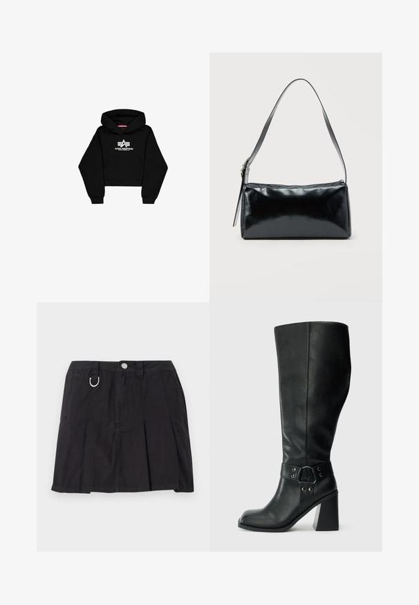 Sort cropped hoodie lavet af blødt materiale. Har en frontlomme, ribbede ærmer og et hvidt logo print med striber på brystet.; Sort plisseret nederdel lavet af bomuld, med frontknaplukning, bæltestropper og en D-ring detalje i taljen.; Knæhøje sorte læderstøvler med firkantet tå, bred hæl og en dekorativ rem med metalaccenter omkring anklen. Glat tekstur.; Sort rektangulær skuldertaske med en enkelt justerbar rem og lynlås i toppen på en ensfarvet baggrund.